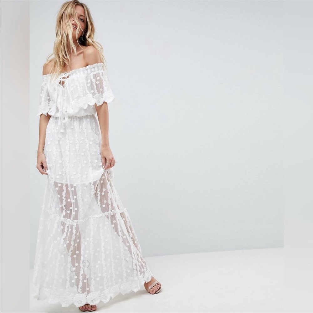 Adelyn Rae Bohemian Joseline Off The Shoulder Lace
Maxi Dress